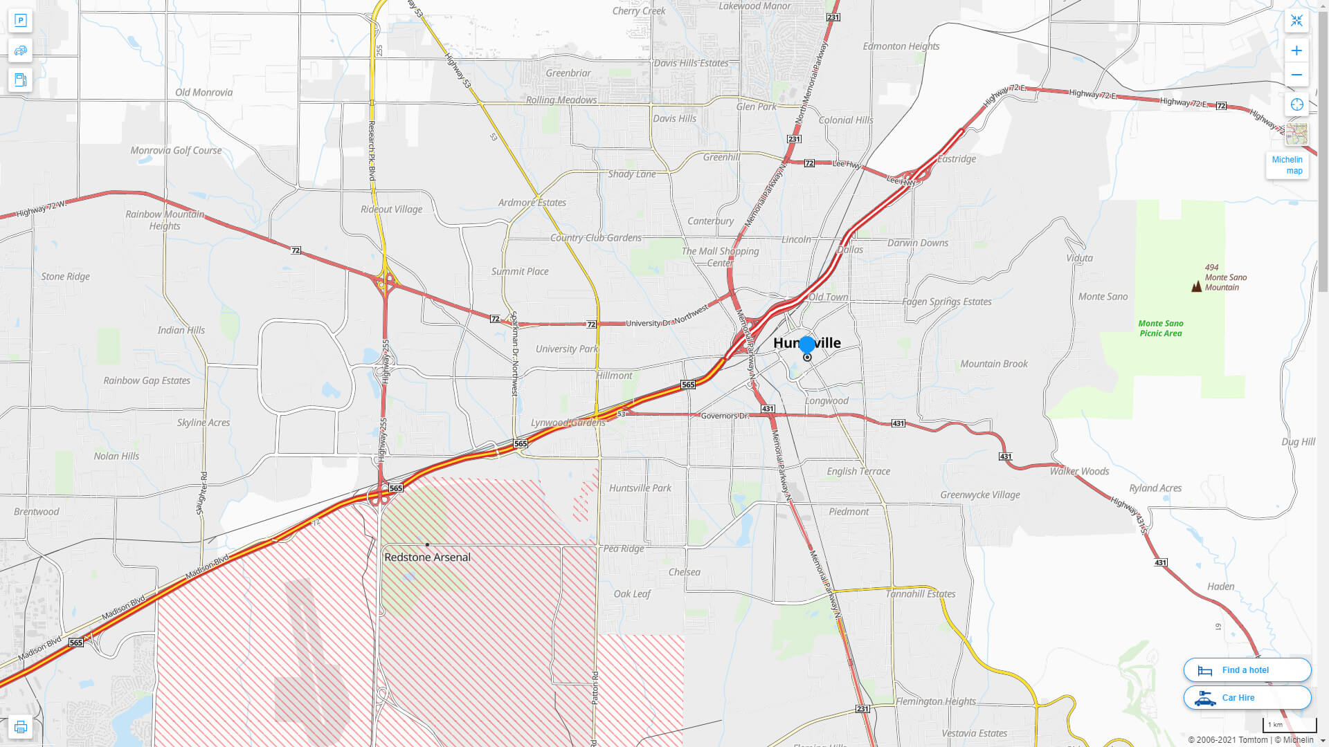 Interstate Highway Map of Huntsville in Alabama